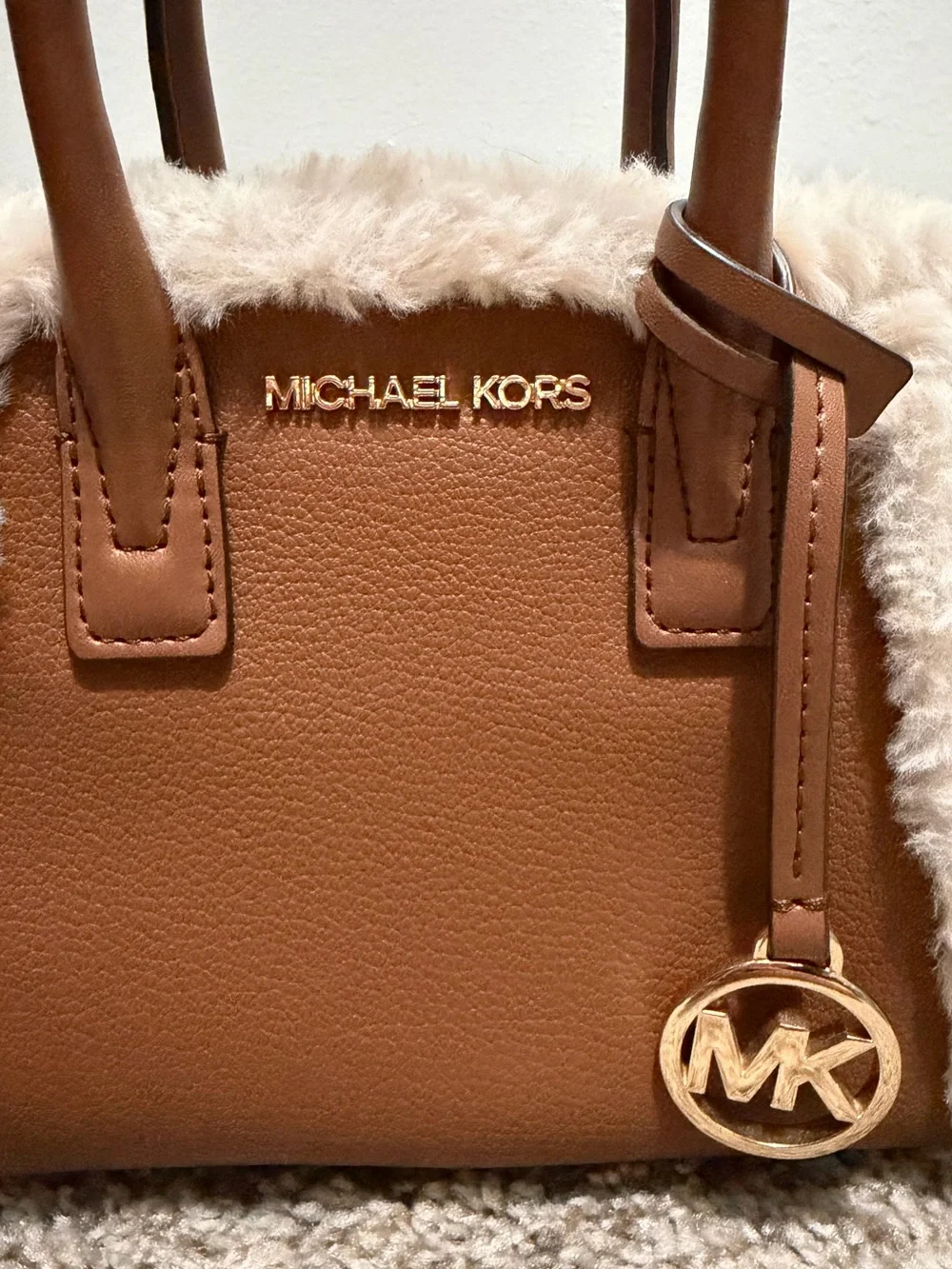 Michael Kors Mini Brown Mini Satchel with Cream Shearling Trim